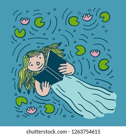 Color cartoon illustration of woman character laying in lake with water lilies, reading book, floating