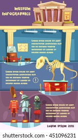 Color cartoon infographic with title description room and exhibits of museum vector illustration