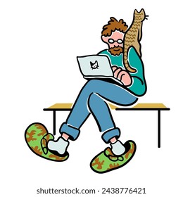 color cartoon man with a cat in doodle style. template for print advertising poster sticker icon illustration.