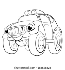 Color cartoon of merry car jeep. Coloring book.