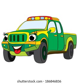 Color cartoon of merry car pickup. White background.