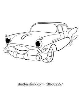 Color cartoon of merry glamor retro car. Coloring book.