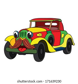 Color cartoon of merry hipster retro-car. White background.