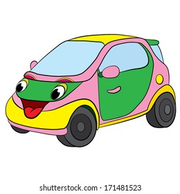 Color cartoon of merry mini car. White background.