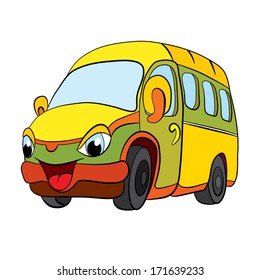 Color cartoon of merry minibus. White background.