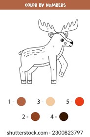 Color the cartoon moose by numbers. Coloring page for kids. 