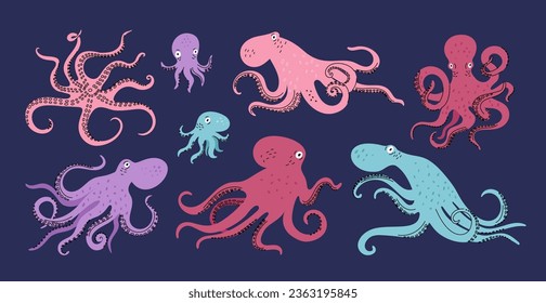 Color cartoon octopuses. Funny marine invertebrate animals. Cute underwater shellfish with tentacles. Oceanic fauna. Sea creatures. Swimming kraken. Cephalopod mollusks