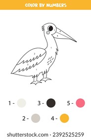  Color cartoon pelican by numbers. Worksheet for kids.
