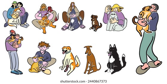 color cartoon people with cats and dogs in doodle style. set of men and women in different poses.print advertising poster template.