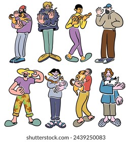 color cartoon people doodle style. set of men and women in different poses.print advertising poster template.people in lines