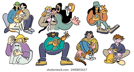 color cartoon people doodle style. set of men and women in different poses.print advertising poster template. pets lovers