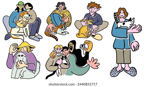 color cartoon people doodle style. set of men and women in different poses.print advertising poster template. pets lovers