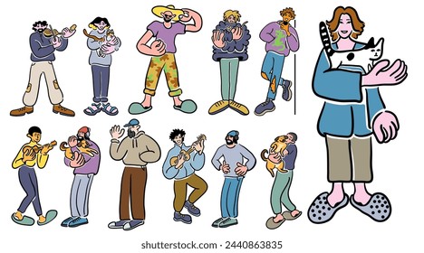 color cartoon people doodle style. set of men and women in different poses.print advertising poster template.