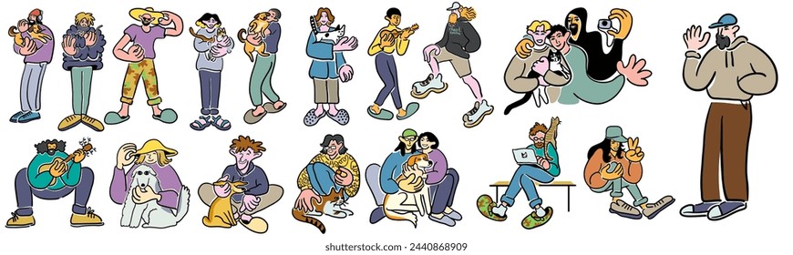 color cartoon people doodle style. set of men and women in different poses.print advertising poster template. pets lovers