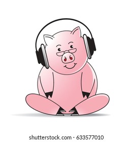 color cartoon pig with headset-vector drawing
