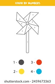 Color the cartoon pinwheel by numbers. Coloring page for kids. 