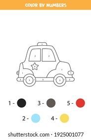 Color the cartoon police car by numbers. Coloring page for kids. 