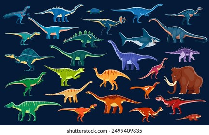 Color cartoon prehistoric dinosaurs vector set. Colorful dino species, terrestrial or aquatic carnivores, omnivores, herbivores and mammoth with vibrant colors. Ancient reptiles from Jurassic era