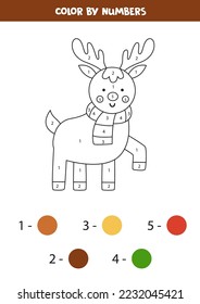 Color the cartoon reindeer by numbers. Coloring page for kids. 