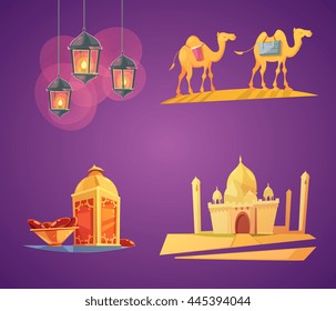 Color cartoon retro composition 2x2 with purple background depicting ramadan elements vector illustration