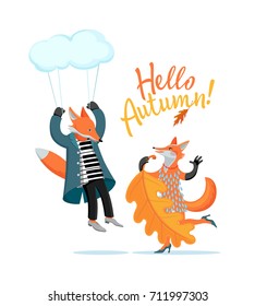 Color cartoon set, drawing - cute wild foxes celebrate coming of autumn. Fox female sings, dances, dog fox pianist flies on cloud on background of text - Hello, Autumn. Vector isolated illustration.