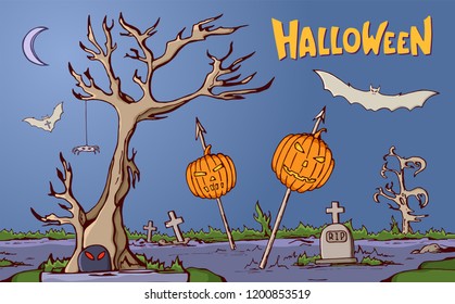 Color cartoon shapes on Halloween theme. Landscape of graveyard with Pumpkins impaled on spears, trees, tombs, crosses, bats, moon. Handmade vector lettering. Halloween vector illustration.