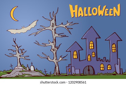 Color cartoon shapes on Halloween theme. Landscape of graveyard with old scary castle, trees, tombs, crosses, bat, moon. Handmade vector lettering. Halloween vector illustration.