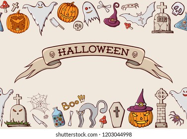 Color cartoon shapes on Halloween theme. Seamless border pattern. Ribbon with text. Celebration background with pumpkin, scull, spider, hat, cat, tomb, knife, potion, bone, ghost. Vector illustration.