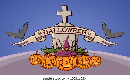 Color cartoon shapes on Halloween theme. Landscape with tomb, cross, pumpkins, bats. Ribbon with text. Halloween vector colorful illustration.
