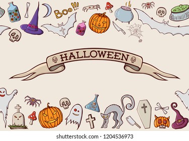 Color cartoon shapes on Halloween theme. Seamless border pattern. Ribbon with text. Celebration background with pumpkin, scull, spider, hat, cat, tomb, knife, potion, bone, ghost. Vector illustration.