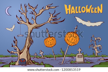 Color Cartoon Shapes On Halloween Theme Landscape Of Graveyard With Pumpkins Impaled On Spears Color Cartoon Shapes On Halloween Theme Landscape Of Graveyard With Pumpkins Impaled On Spears
