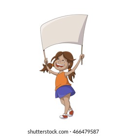 Color Cartoon Smiling Girl Standing With Banner Isolated On White