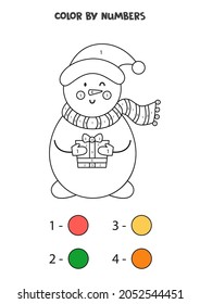 Color the cartoon snowman by numbers. Coloring page for kids. 