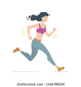 Color cartoon style vector illustration of running sport girl doing jogging and fitness isolated on white