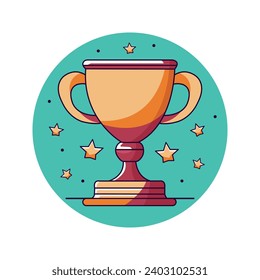 Color cartoon trophy. Golden winner's cup and stars on blue round bakground. Vector illustration.