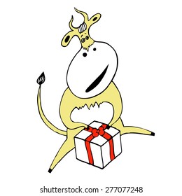 Color cartoon vector  illustration of bull with gift isolated on the white background. Linear hand drawn sketch of the funny bull with a box gift, Image for horoscope, zodiac, farms, greeting cards.