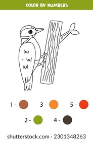 Color the cartoon woodpecker by numbers. Coloring page for kids. 