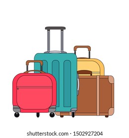 Color cartoonillustration of various suitcases. Family travel. Linear drawing of luggage and scrub. Vector colored element for logos, articles, icons and your design.