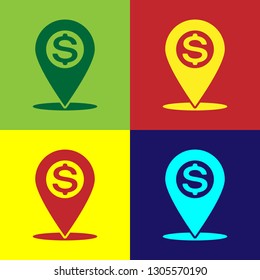 Color Cash location pin icon isolated on color backgrounds. Pointer and dollar symbol. Money location icon. Business and investment concept. Flat design. Vector Illustration