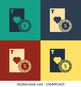 Color Casino chip and playing cards icon isolated on color background. Casino poker. Vintage style drawing. Vector Illustration