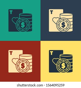 Color Casino chip and playing cards icon isolated on color background. Casino poker. Vintage style drawing. Vector Illustration