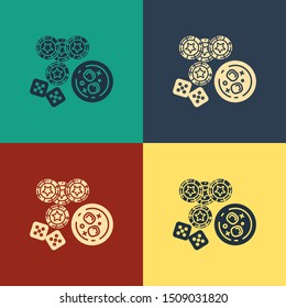 Color Casino chips, game dice and glass of whiskey with ice cubes icon isolated on color background. Casino poker. Vintage style drawing. Vector Illustration