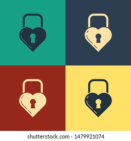 Color Castle in the shape of a heart icon isolated on color background. Locked Heart. Love symbol and keyhole sign. Vintage style drawing. Vector Illustration