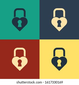 Color Castle in the shape of a heart icon isolated on color background. Locked Heart. Love symbol and keyhole sign. Valentines day. Vintage style drawing. Vector Illustration