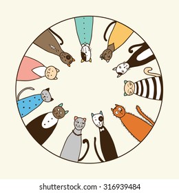 Color cat in round frame. Hand Drawn vector illustration.