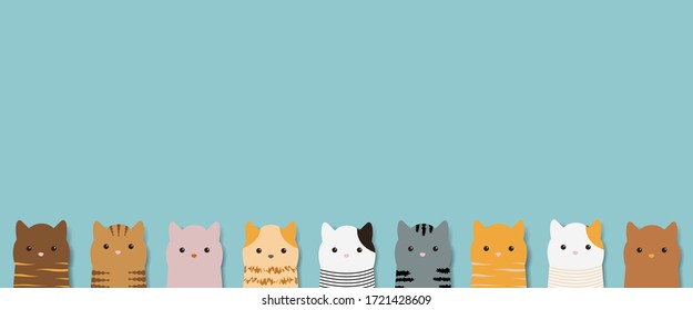 Color Cats Border Isolated Mint background With Gradient Mesh, Vector Illustration