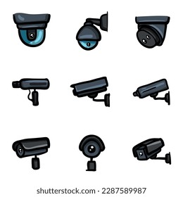 Color CCTV Icons. Hand Drawn Security Cameras. Video Surveillance Equipment.