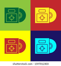 Color CD or DVD disk in box icon isolated on color background. Compact disc sign.  Vector Illustration