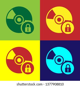 Color CD or DVD disk with closed padlock icon isolated on color backgrounds. Compact disc sign. Security, safety, protection concept. Vector Illustration