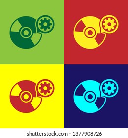 Color CD or DVD disk and gear icon isolated on color backgrounds. Adjusting app, service concept, setting options, maintenance, repair, fixing. Vector Illustration